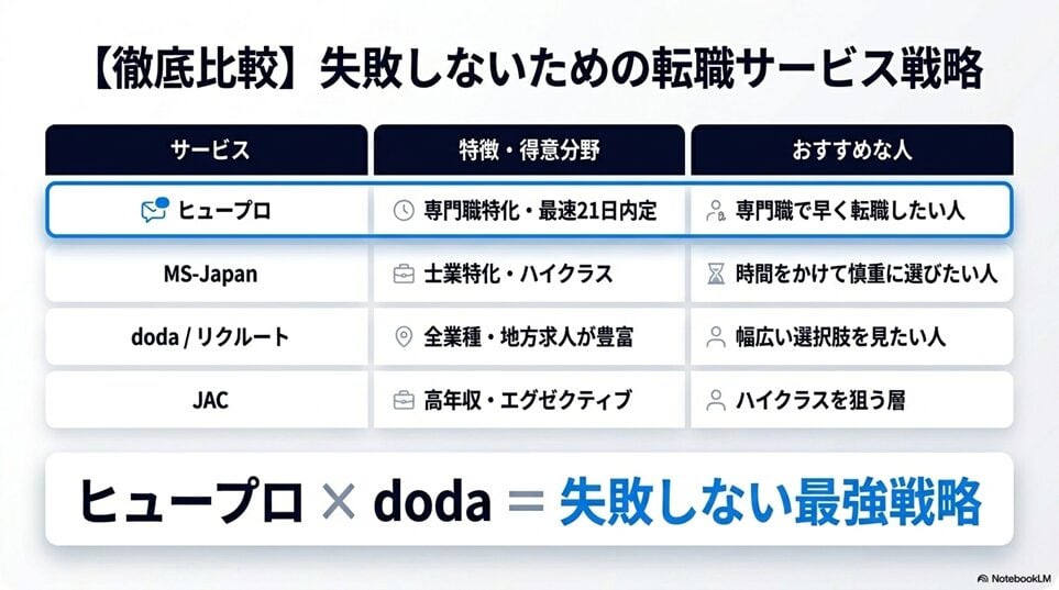 一目でわかる！ヒュープロと他の転職サービスとの比較表