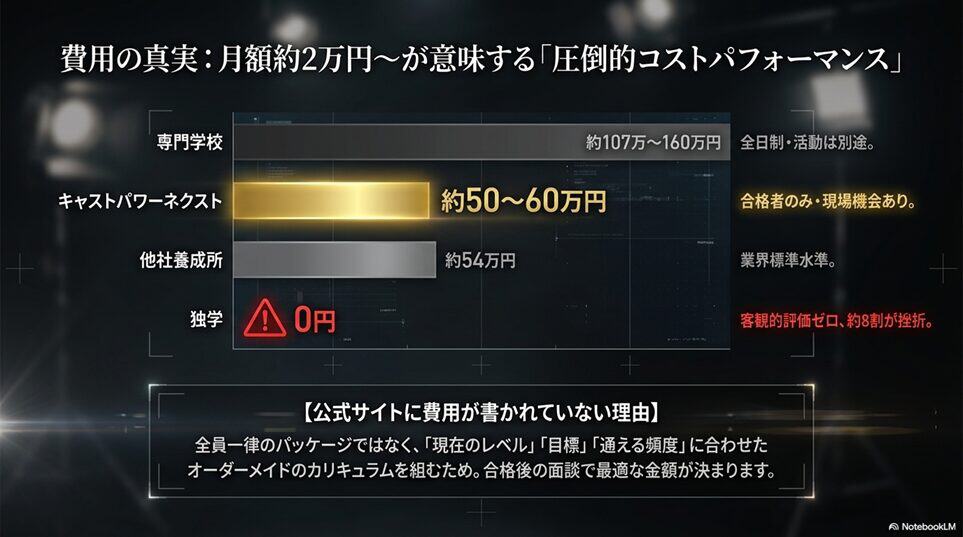 キャストパワーネクストのレッスン費用は月額約2万円〜｜専門学校との費用比較で見える「お得さ」の真実「口コミから見える費用の現実：年間50〜60万円程度」