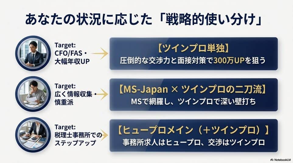 ツインプロと他社特化型エージェントとの比較（MS-Japan・ヒュープロとの違い）「ペルソナ別「あなたに最適なエージェントの使い分け」」