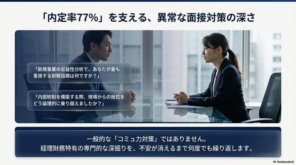 数字で見るツインプロのリアル：内定率77%・年収UP率90%の裏側「内定獲得率77%を支える「何度でも受けられる面接対策」」