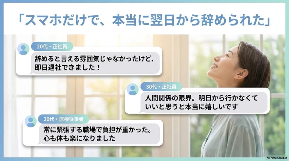 スタイリード退職代行のリアルな口コミ・評判を調査「良い口コミ：「スマホだけで本当に翌日から辞められた」」