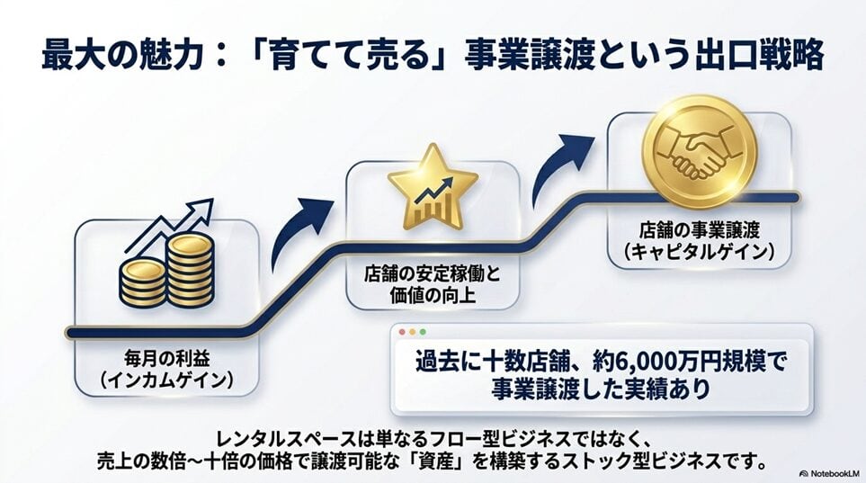 他のフランチャイズや事業と比べたレンスペ本舗の3つの強み「強み③育てた店舗を「事業譲渡」できる出口戦略」