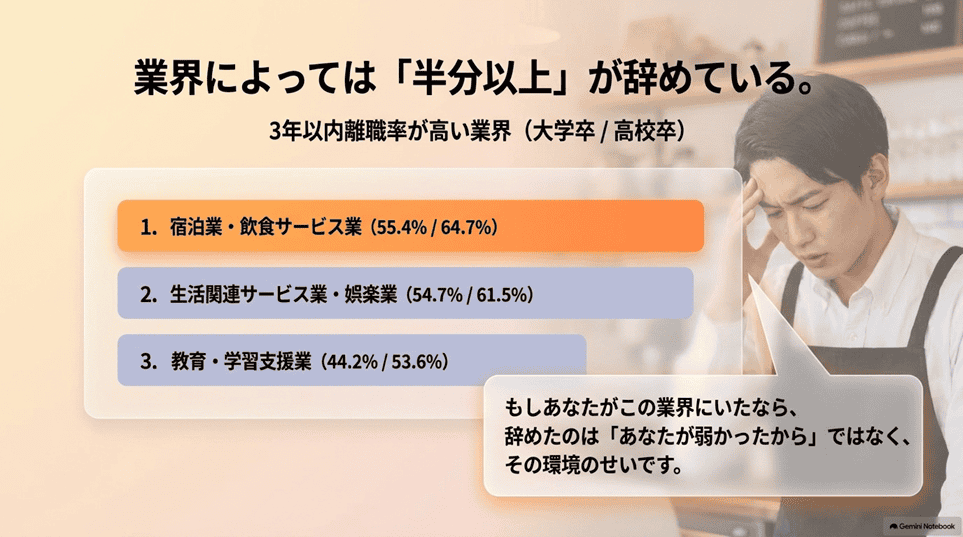 あなたは悪くない。厚生労働省のデータが示す「早期離職の現実」「業界別に見ると「あなたの職場が特殊だった」可能性が高い」