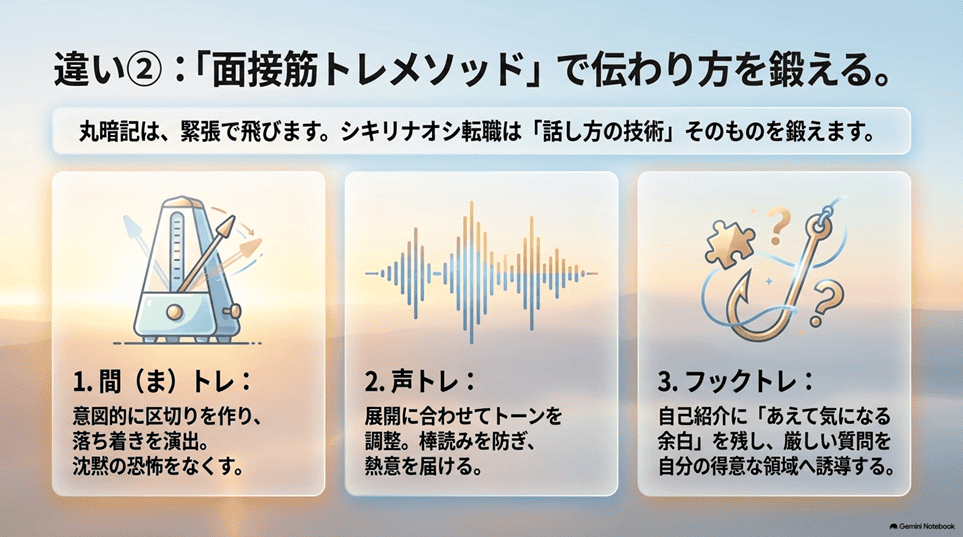 シキリナオシ転職と大手エージェントとの決定的な違い3つ「違い2：「面接筋トレメソッド」で話し方の技術そのものを鍛える」