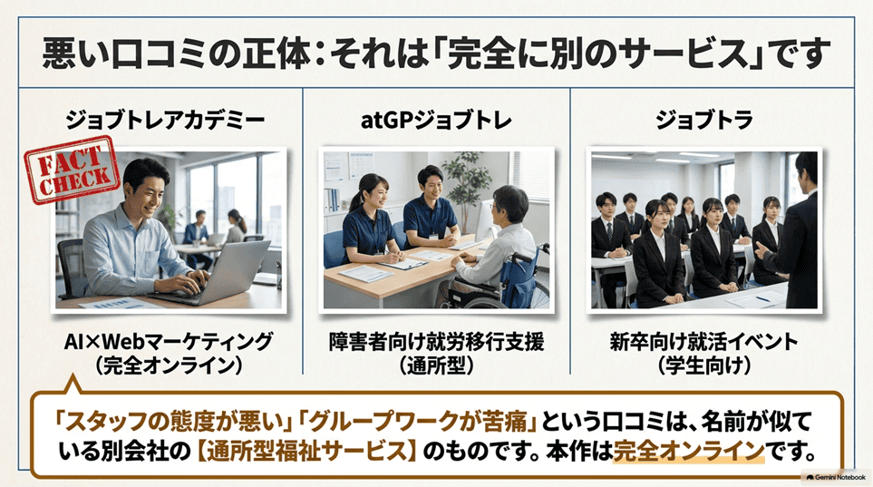 【最初に整理】ジョブトレアカデミーの悪い口コミ、ほとんど別のサービスのものです