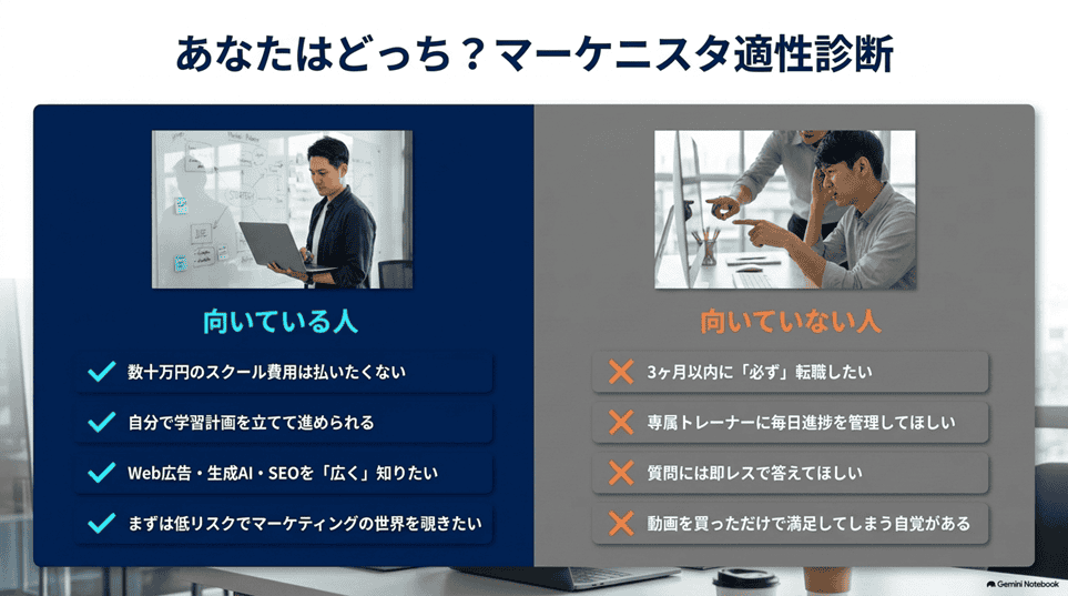 まずは結論：マーケニスタは「自分で学べる人」にとってのコスパ最強の環境「3秒でわかる：向いている人・向いていない人」