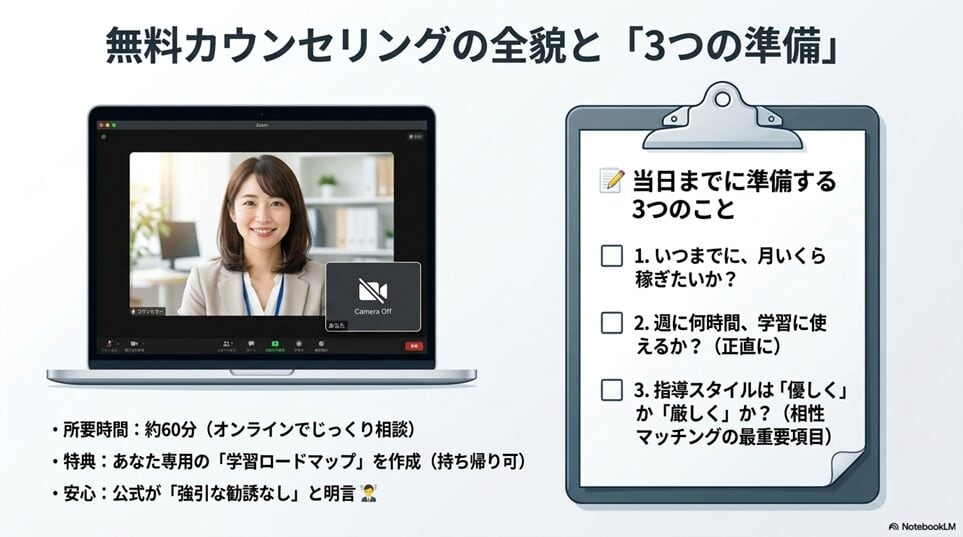 WEBCOACH（ウェブコーチ）の無料カウンセリングの流れと、参加前の準備「参加前に決めておくと良いこと」