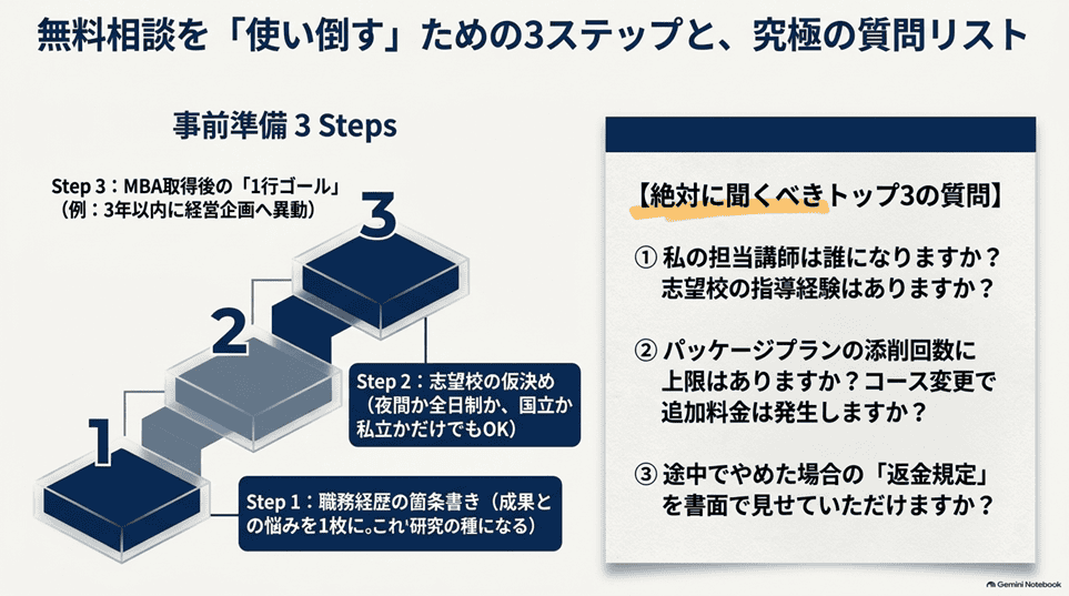 MBAロンダリングの無料相談を「使い倒す」ための準備と質問リスト