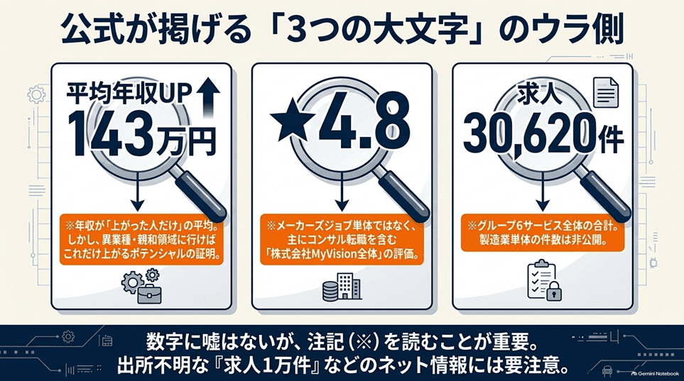 メーカーズジョブの公式が掲げる「143万円」「★4.8」「30,620件」の正しい読み方