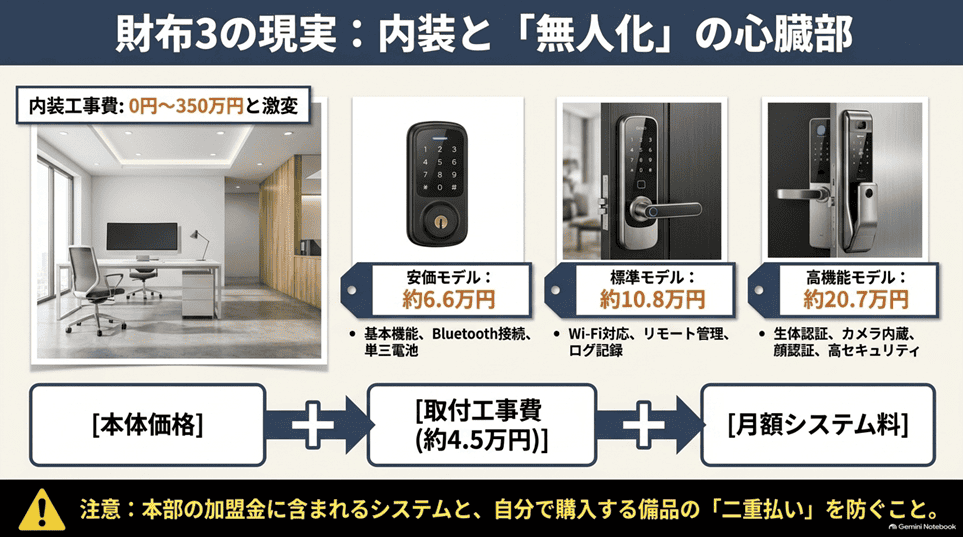 レンタルスペース開業に必要な初期費用の内訳（総額の把握）「財布3 内装・設備・備品：スマートロックだけでも6.6万円から20万円超まで幅がある」