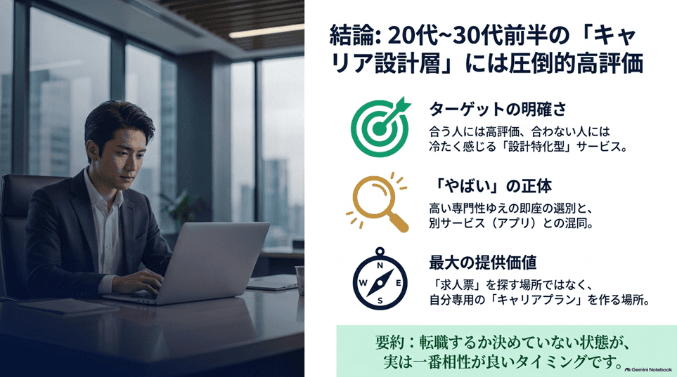 結論：アサインエージェントの評判は「20代〜30代前半のキャリア設計層」に限れば高い