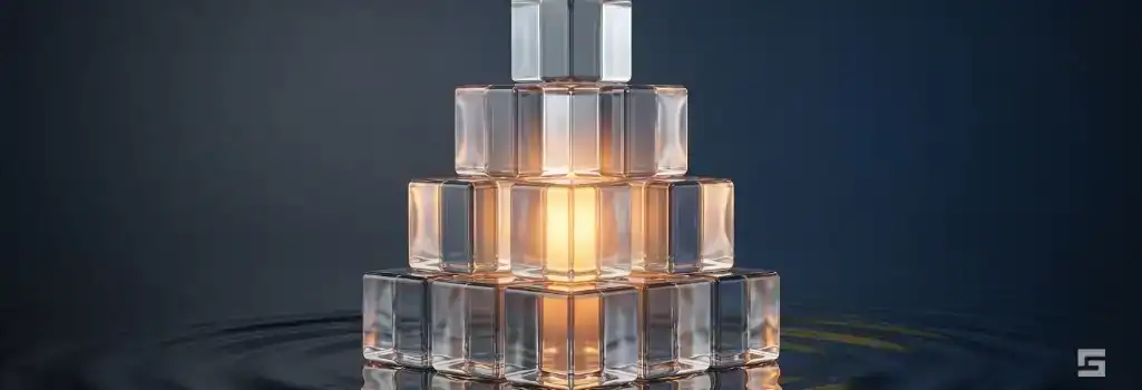 Stacked clear glass foundational blocks glowing with a warm amber light on a deep navy background, representing financial stability and the complex personal injury settlement process. Dedicated guidance by Grano Law Offices, P.C.