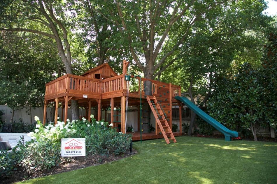 Fort Stockton playset with upper cabin and custom tree decks.