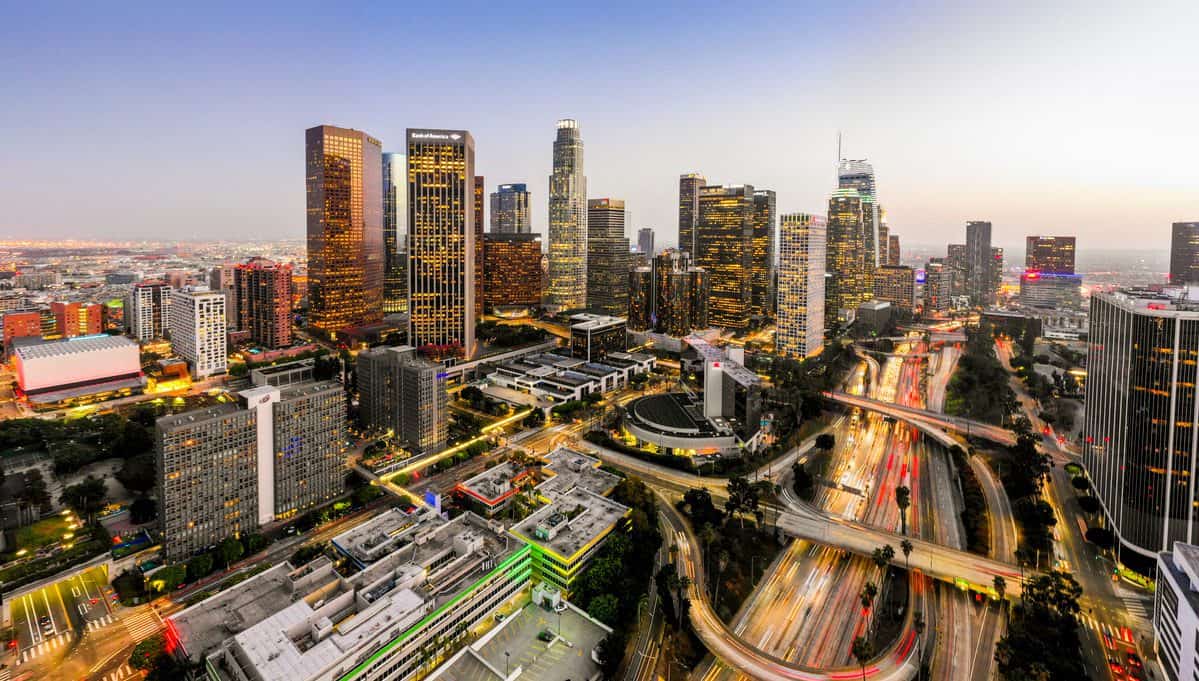 Aerial Downtown Los Angeles Skyline at Night