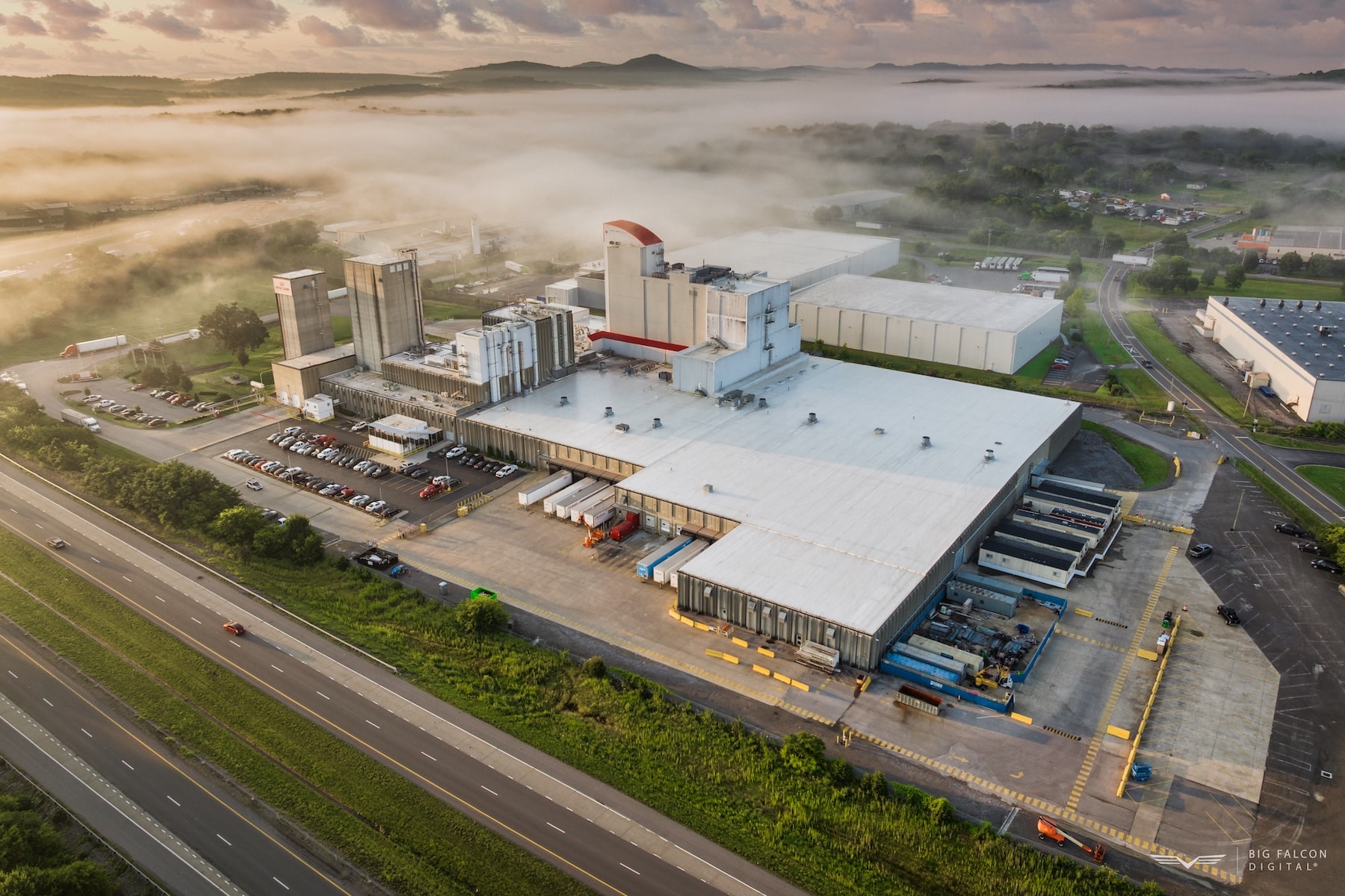 Aerial drone photo of a factory near Nashville, TN during sunrise.