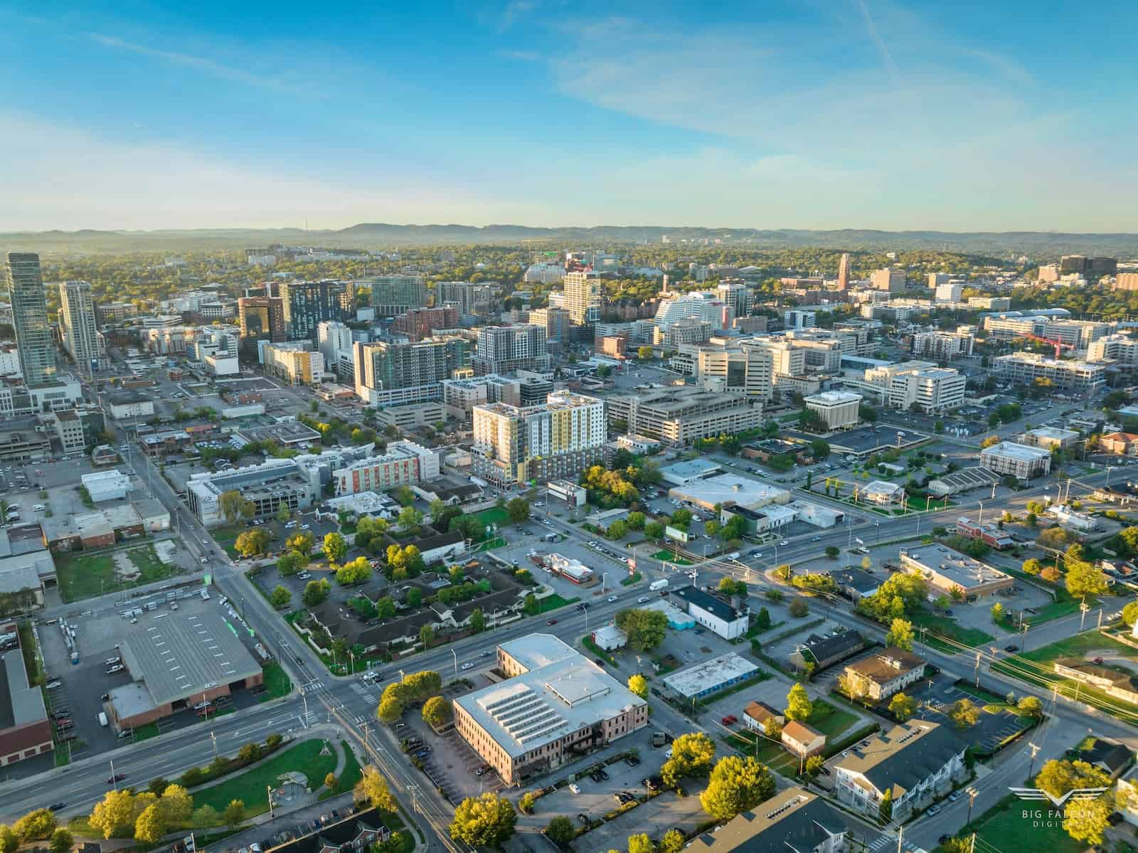 Drone photo of the Nashville skyline, taken for a land developer to show a proposed site's proximity to the city.