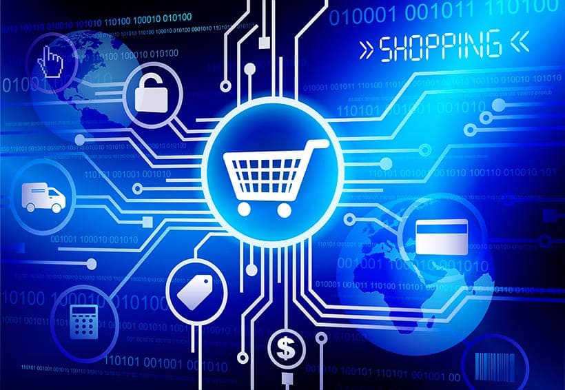 Ilustração digital azul de e-commerce com carrinho de compras central, ícones de serviço e o texto "SHOPPING" em um fundo tecnológico de código binário.