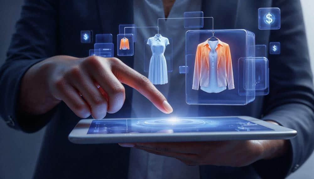 Uma pessoa em terno escuro toca um tablet que exibe hologramas de uma jaqueta laranja, um vestido azul e símbolos de dólar flutuantes.