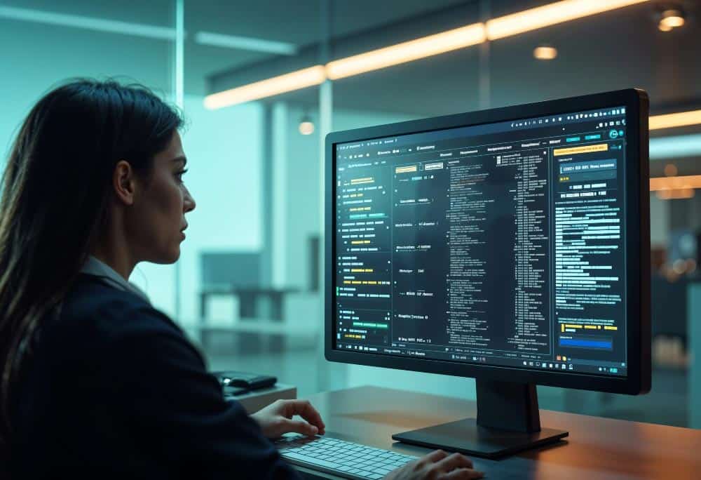 Uma mulher concentrada digita em um teclado, olhando para um monitor exibindo código em um ambiente de escritório moderno.