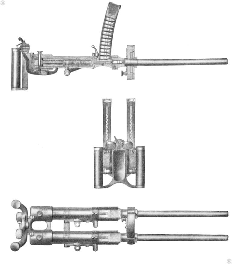 This is illustration was taken from the original Italian military manual for the use and maintenance of the Villar Perosa. The top view is the right side of a cutaway drawing of the internal mechanism. The bolt is in the forward position with a cartridge in the chamber. This would be the position of the parts just as the round was being fired. The remaining rounds can be seen in the vertical stack within the magazine body. 
     The central view in the illustration is a rear view of the weapon, as would be seen by the operator. The two knurled pads are the individual triggers for each firing mechanism. The small lever between the triggers is the safety switch for both triggers. The safety is to the left in the “Off” or “Fire” position. The rear of the magazines are open slightly so that the remaining ammunition could be seen as in this illustration.
     The top view looking down at the Villar Perosa. The small levers behind each vertical magazine are the magazine releases. PHOTO CREDIT: Italian Military.