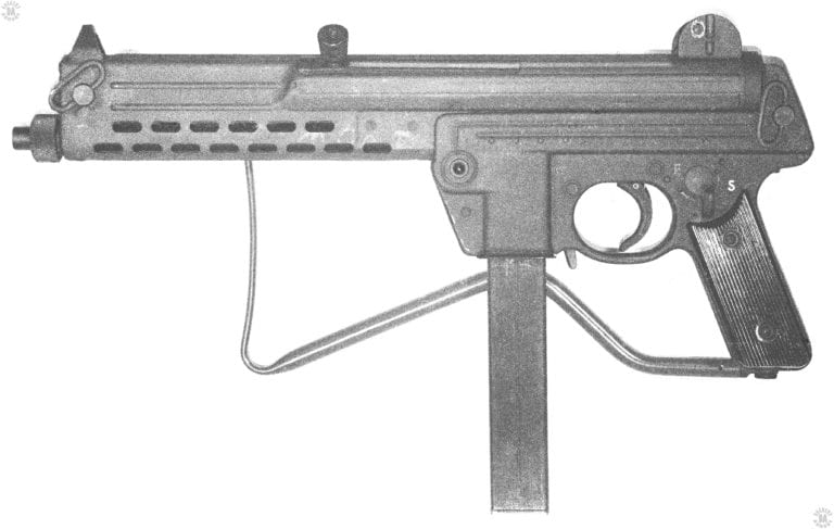 The left side of the Walther MPL with the stock folded. The cocking knob is at the top center of the receiver where it can be operated with either hand. The selector switch is duplicated on both sides of the weapon. PHOTO CREDIT: Kevin Dockery