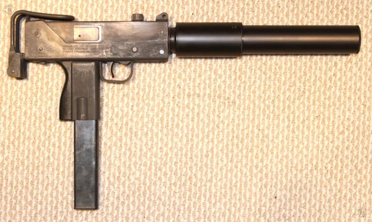 With the stock in the collapsed and folded position, this Ingram M10 45 has the bolt in the forward, fired, position. It is from this very compact position that the appeal of the Ingram M10 to clandestine services can be easily seen. Cocking the bolt with the weapon set to semiautomatic fire, and the M10 can be quietly fired like a large pistol. PHOTO CREDIT: Kevin Dockery
