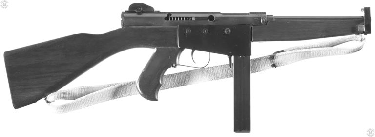 The right side of the Military Ingram model 6 submachinegun. The rear sight has the protective “ears” on either side of the sight notch itself. The barrel is smooth and the weapon has a horizontal forward foregrip. Distinctive to the military model is the very heavy front muzzle piece. The part has two “ears” protecting the front sight blade and, below the muzzle, is a round hole to accept a rod-type bayonet. The bayonet catch is the square sheet-metal piece at the bottom rear of the muzzle piece. PHOTO CREDIT: ROCK ISLAND AUCTIONS
