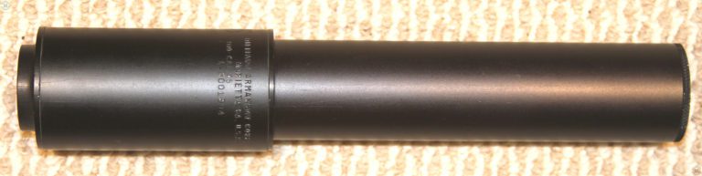The side view of a MAC M10 .45 caliber suppressor. This specimen was produced at the second MAC facility in Marietta, Georgia. Externally, this suppressor is identical to the M10 9mm suppressor. The only differences between the two are some internal dimensions and the threads used to mount the suppressor to the host weapon. PHOTO CREDIT: Kevin Dockery