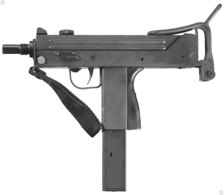 The left side of an SWD M11/Nine submachinegun. The stock is in the fully folded and collapsed position. The weapon is loaded with an aftermarket steel 30 round magazine rather than an original Zytel plastic magazine. The rotating selector switch above and in front of the trigger guard is set to the SEMI position for semiautomatic fire. The takedown pin has been inserted from the left side on this specimen.