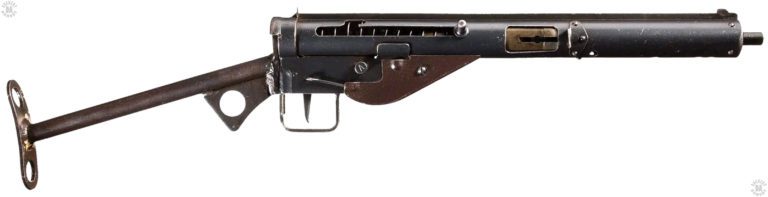 A right-side view of an extremely sharp specimen of the Sten Mk III. The black paint covering the phosphate coating is barely worn on the edges. The Mk II cocking handle is in the forward (uncocked) position with the body of the breech block filling the ejection port. Some crude welding can be seen on the attachment point of the No 2 Mk II “T” stock up against the receiver. This type of rough welding was commonly seen on earlier wartime weapons. PHOTO CREDIT: ROCK ISLAND AUCTIONS