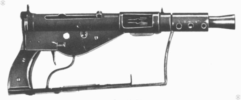 One of the few illustrations of the Sten Mk IV, which was made in prototype numbers only. For the most part a very shortened Sten Mk II, the Mk IV weapons were fitted with a folding buttstock. Made of flat metal strips, the buttstock folds out from the bottom of the pistol grip to the rear of the weapon and extends further for use. In the folded position, the front of the buttstock can be used as a front grip. PHOTO CREDIT: US ARMY