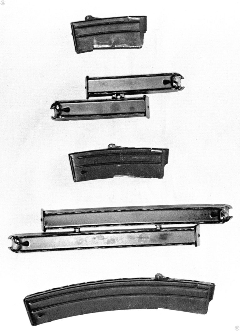 A reverse-stack of the magazines for the Sterling submachine gun series. At the top is the 10-round magazine, next is a double-stack assembly of 15-round magazines. At the center, 3rd from the top, is a single 15-round magazine. Second from the bottom in the picture is a double-stack assembly of 34-round magazines. At the bottom is a standard 34-round magazine. PHOTO CREDIT: KEVIN DOCKERY