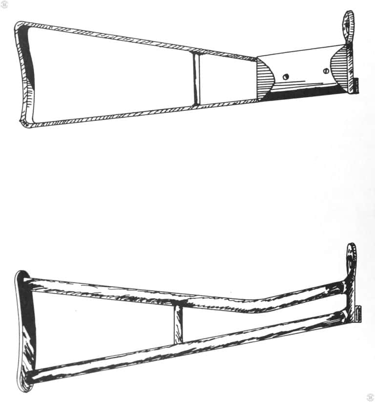 Sten Buttstocks Mk I – Mk II
     At the top is the original No 1 Mk I steel buttstock with a section of wooden grips at the wrist of the stock. This stock was only used on the original prototypes and few pre-production specimens. The lower stock in the drawing, the No 2 Mk I steel but had no wooden inserts. It was made up of steel tubing welded to the front mounting plate and rear butt plate. The No 2 Mk I stock was used on the production specimens of the Sten Mk I and Mk I*. PHOTO CREDIT: US ARMY