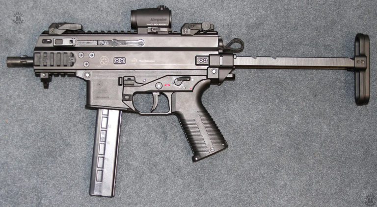 The left side of the APC9K with the stock fully extended. All controls are fully ambidextrous and duplicated on both sides of the weapon. The only exception to the duplication of controls is the stock release lug at the rear bottom of the receiver which can be reached with either hand. PHOTO CREDIT: KEVIN DOCKERY