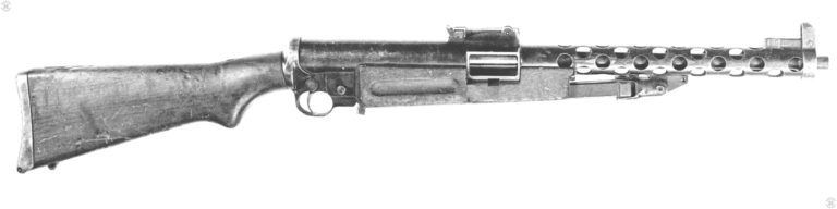The right side of a ZK-383 submachine gun. The bolt is in the forward, uncocked, position and fills the rectangular ejection port at the front of the receiver. The rear sight, above the ejection port, is the sliding tangent sight commonly used on weapons of the time. PHOTO CREDIT: US ARMY