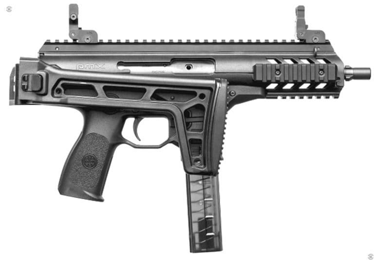A right-side view of the Beretta PMX with the stock folded. The bolt is forward with the hole for the cocking handle open in the center of the bolt body. This weapon is set up with the cocking handle on the left side of the bolt. With the stock folded the weapon can still be easily controlled and fired. PHOTO CREDIT: BERETTA DEFENSE TECHNOLOGY