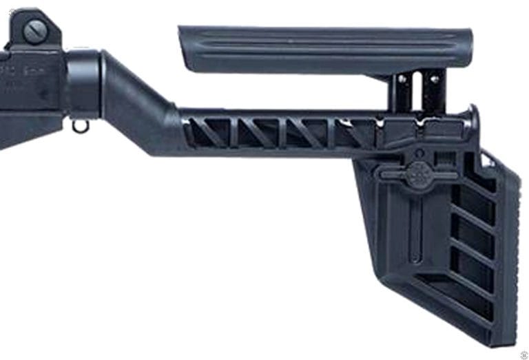 The left side of an extended Uzi PRO submachine gun stock. The cheekpiece has been locked in place in the maximum raised position. PHOTO CREDIT: IWI