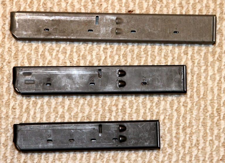The military Uzi magazines. At the top is the 40-round magazine. The center magazine is the most commonly used 32-round magazine. The bottom magazine is the original compact 25-round magazine. PHOTO CREDIT: KEVIN DOCKERY