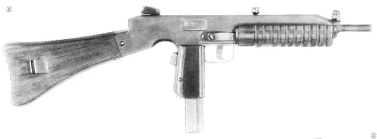 The full-stock Infantry version of the ZK-476 submachine gun. Behind the pistol grip is the rectangular grip safety that has to be held in by the firing hand for the weapon to be operated. The long, grooved fore end is of wood to help insulate the operator’s hands from a weapon heated from firing. At the top, center, of the rectangular receiver is the cocking knob that can be operated by either hand PHOTO CREDIT: CZECH REPUBLIC