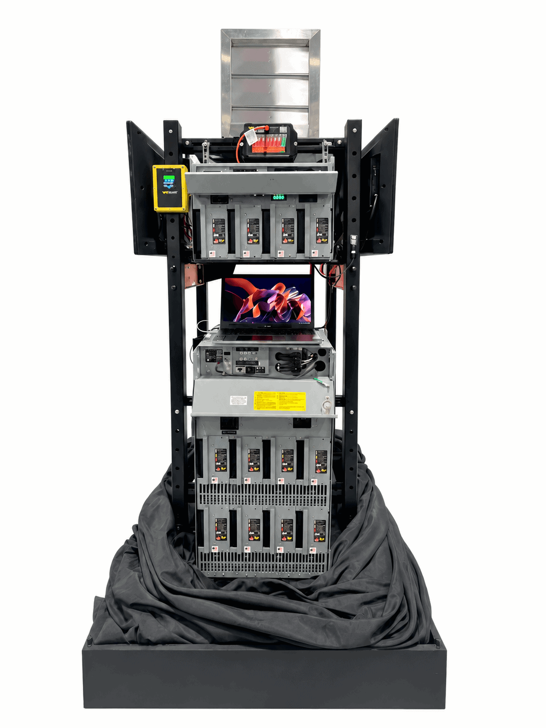 Eagle Eye Power Solutions DC power demonstration rack featuring battery chargers, hydrogen gas detection, ventilation, battery monitoring, batteries, and supporting equipment.