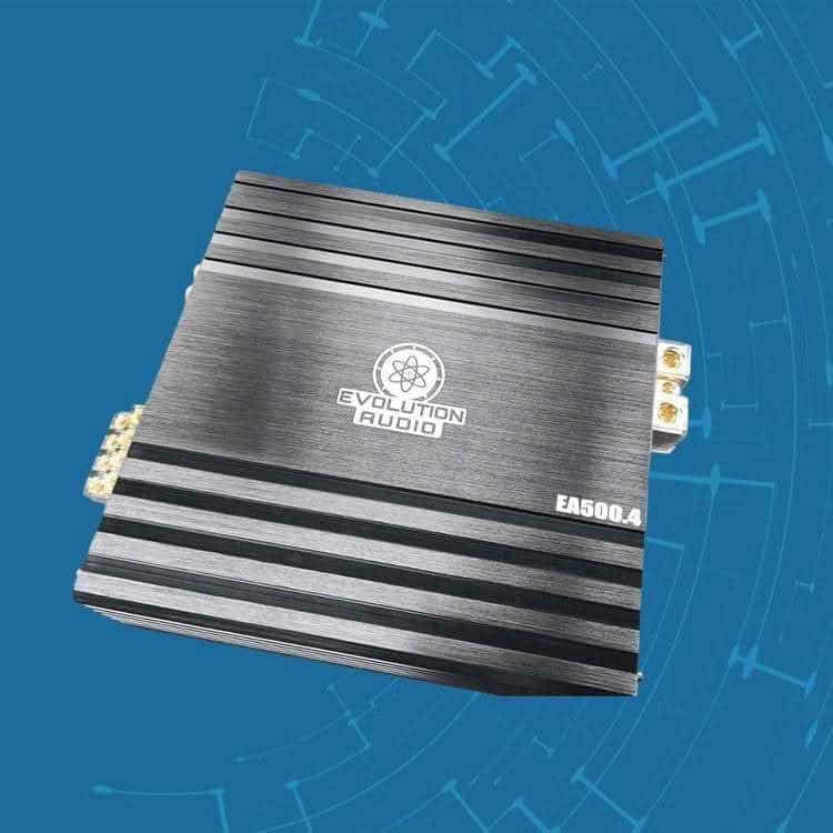 Evolution Audio EA500.4 car amplifier on blue background