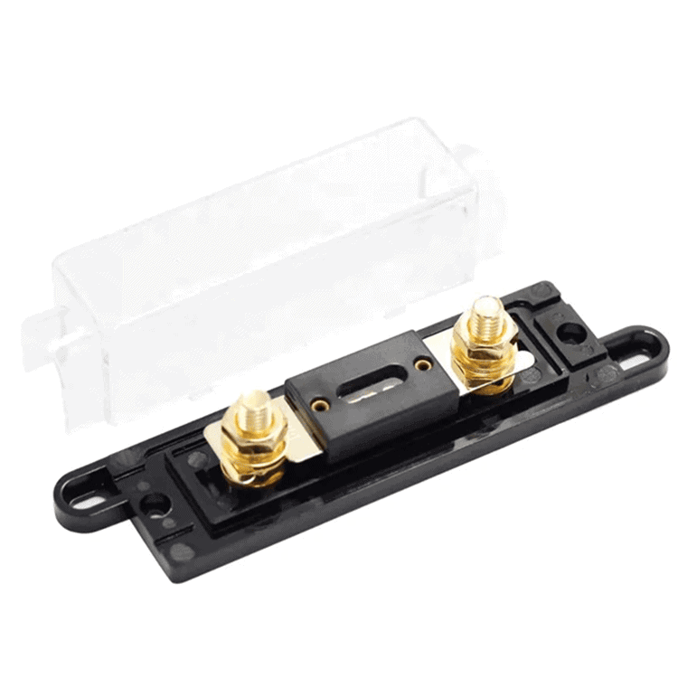 A black inline fuse holder with two gold terminals sits beside its transparent plastic cover, perfect for securing a fuse and connecting car audio batteries. The partially open cover reveals the interior, compatible with lithium systems, ensuring safe and efficient operation.
