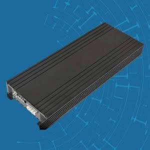Black car audio amplifier on blue digital background.