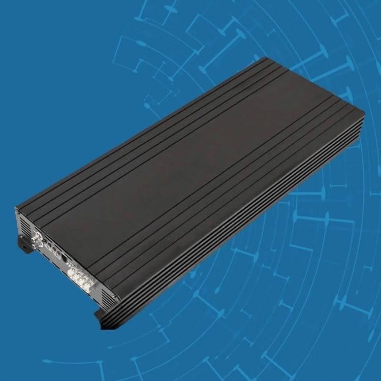 Black car audio amplifier on blue digital background.