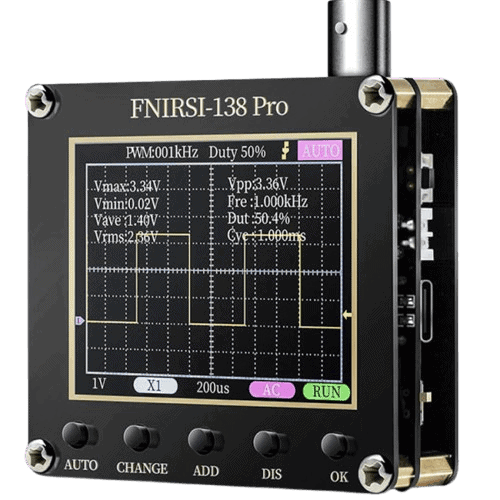 A compact FNISRI Handheld Oscilloscope shows a waveform with voltage and frequency measurements, featuring buttons like AUTO, CHANGE, ADD, DIS, OK, and settings for X1, 1V, and AC on its interface.