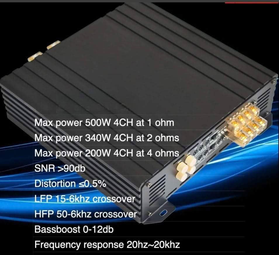 Car amplifier specifications and features overview.
