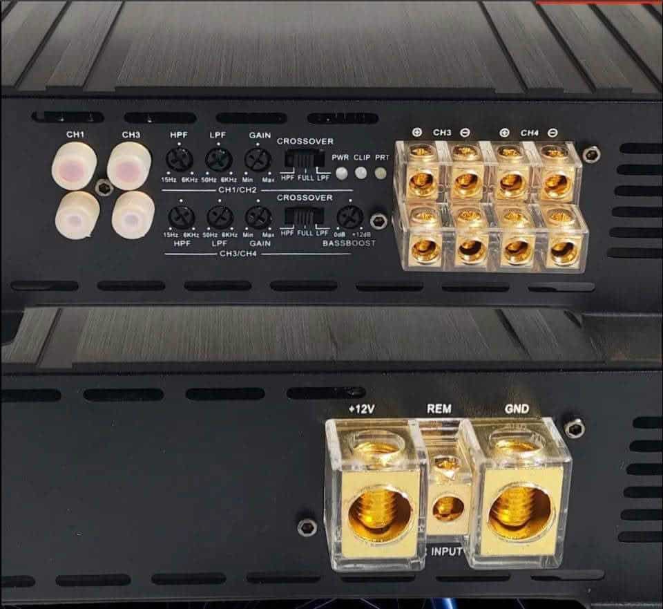 Car audio amplifier with crossover and terminal connections.