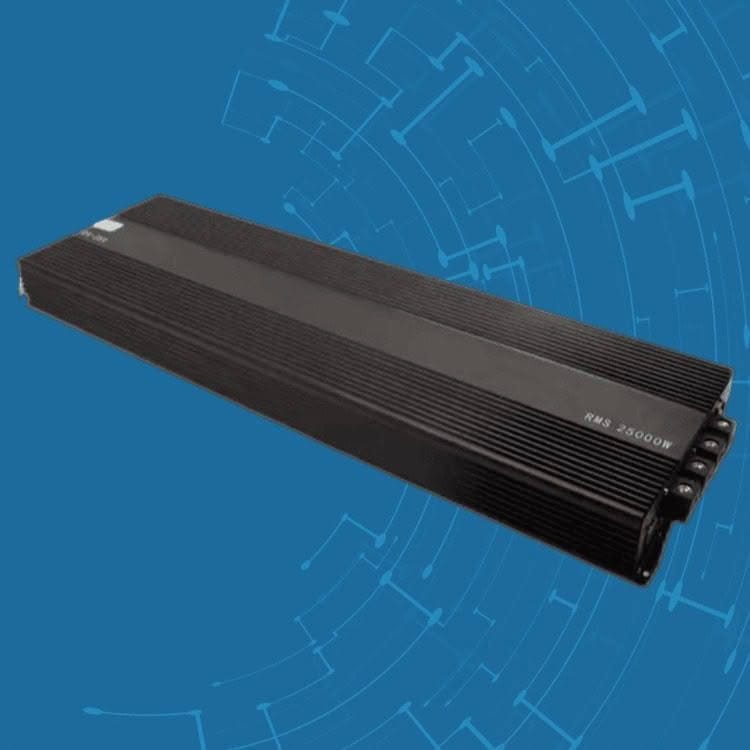 High-power 25000W RMS audio amplifier on blue background.