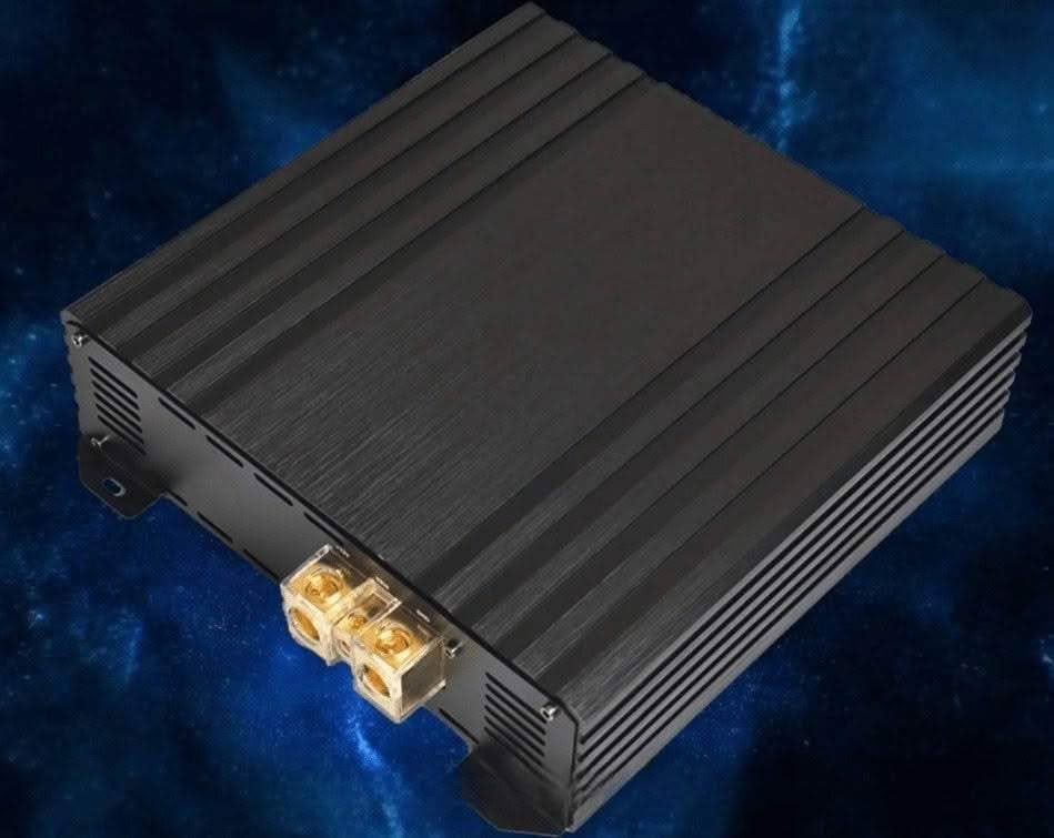Black car audio amplifier on starry background