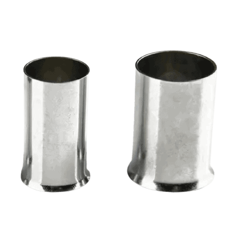 Two upright, open-top Ferrules with metallic finishes; the left is a shorter, narrower cylinder and the right is taller and wider. Both have slightly flared bases and a smooth, shiny surface.